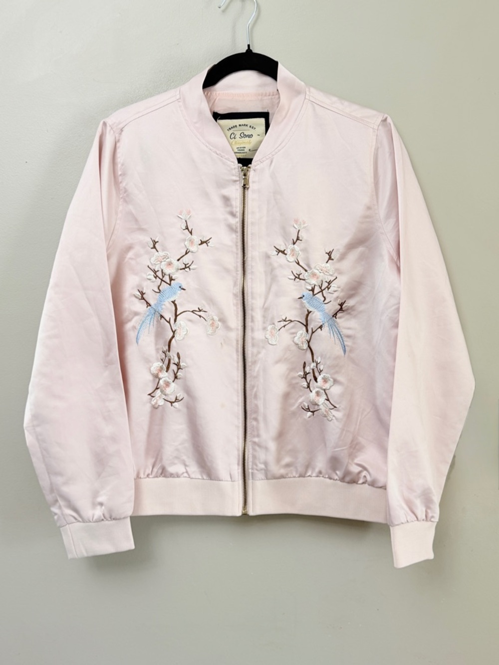 Ci Sono Bomber Jacket Pink Embroidered Floral & Bird Detail - Large